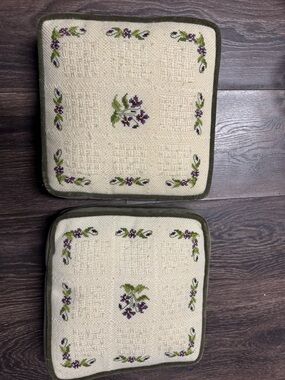Hand-Embroidered Floral Accent Pillow Pair - Cream and Olive
